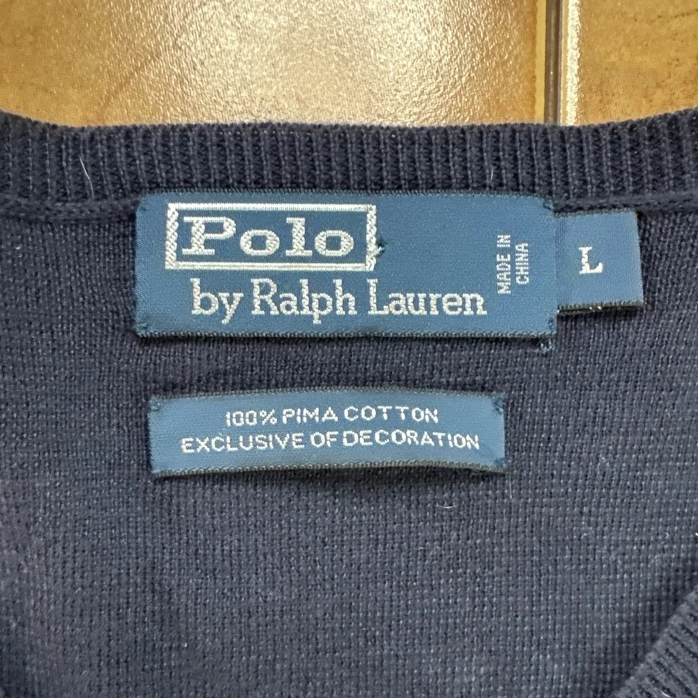 Polo Ralph Lauren Mens Sz Large V-Neck Pullover Blue Pima Cotton Sweater